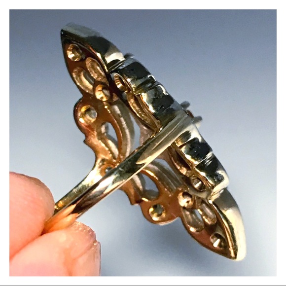 14KT GENUINE 1910’S EDWARDIAN HEAVY DIAMOND & CITRINE ANTIQUE NAVETTE RING - Picture 4 of 11